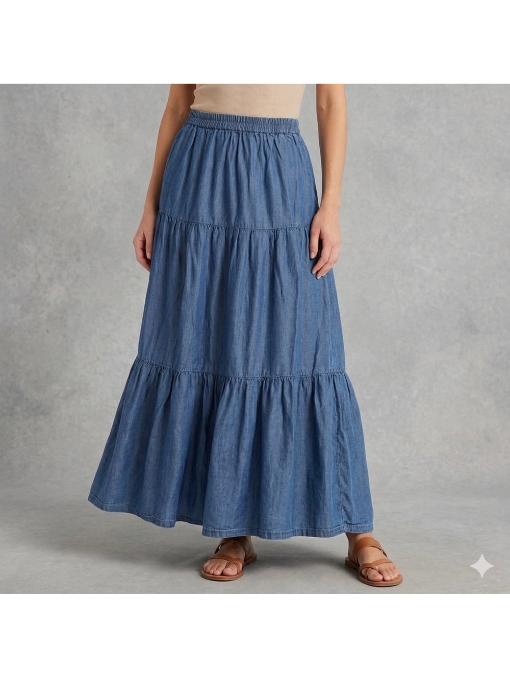 Vintage Lone Star Chambray Tiered Maxi Skirt Size Small Blue Viscose Boho